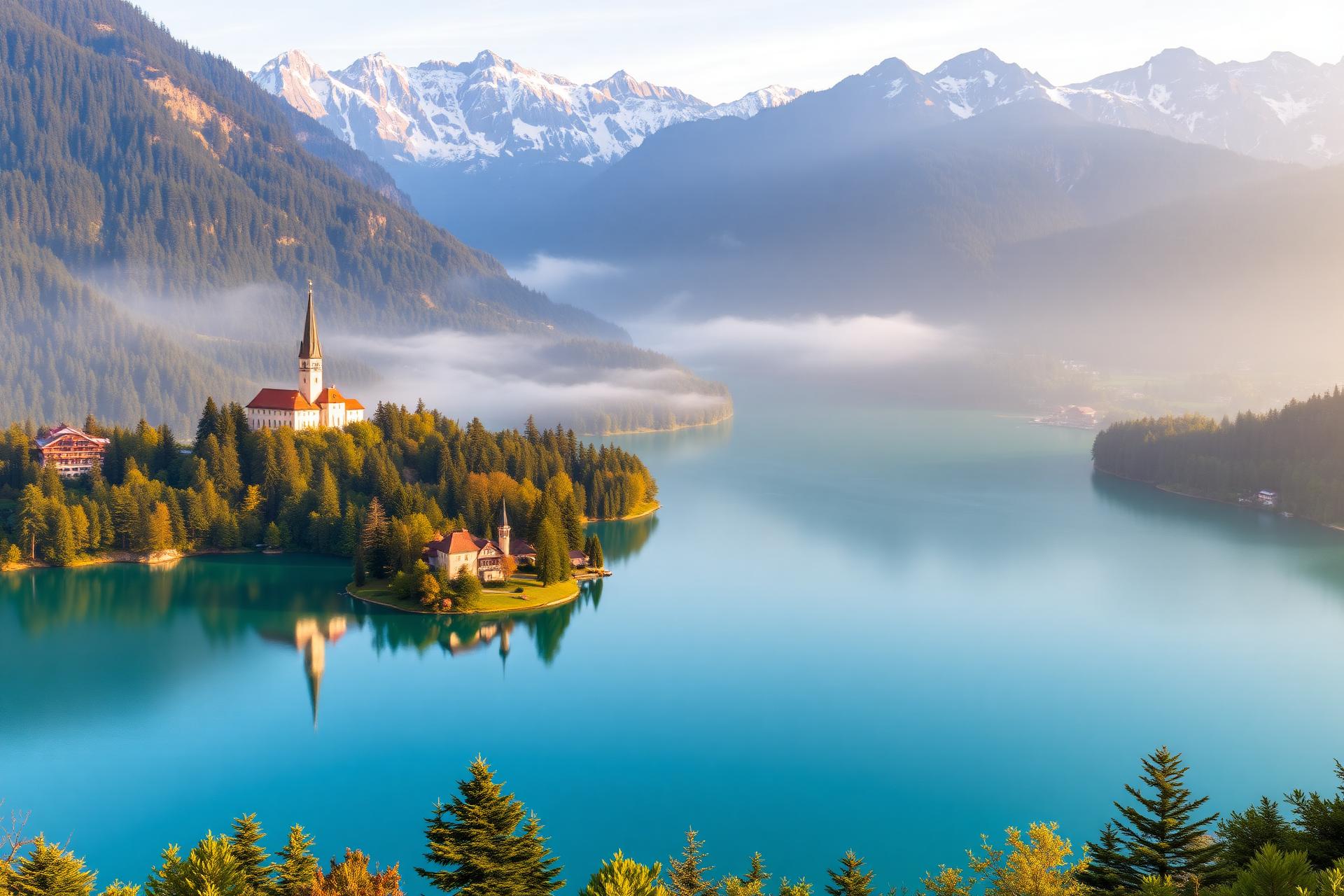 Panoramic view of Lake Bled with the island church and Julian Alps